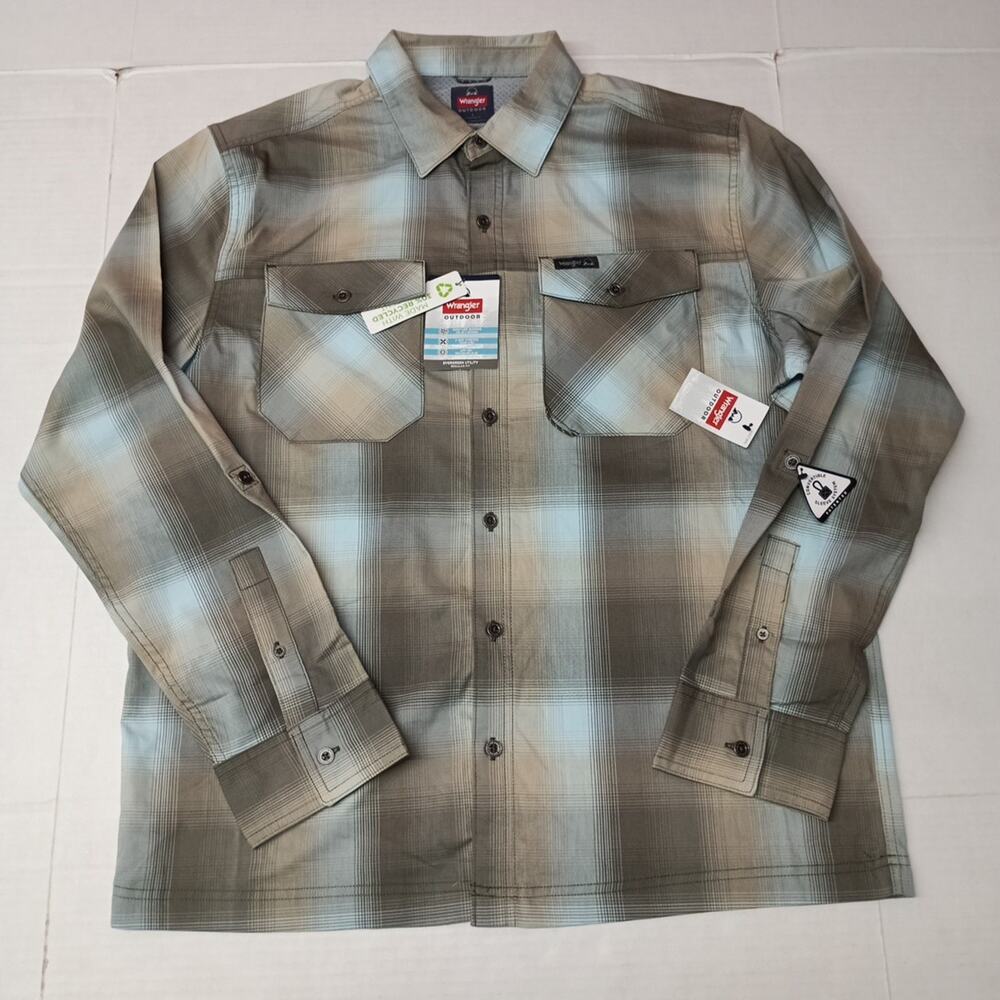 Wrangler‎ Shirt Mens L Gray Plaid Convertible Sleeves Utility